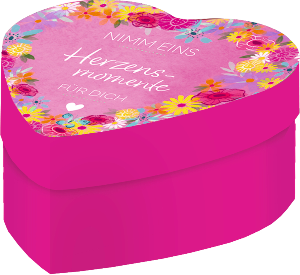 Herzförmige, pinkfarbene Schachtel mit Blumenmuster und dem Text NIMM EINS Herzensmomente FÜR DICH auf dem Deckel.
