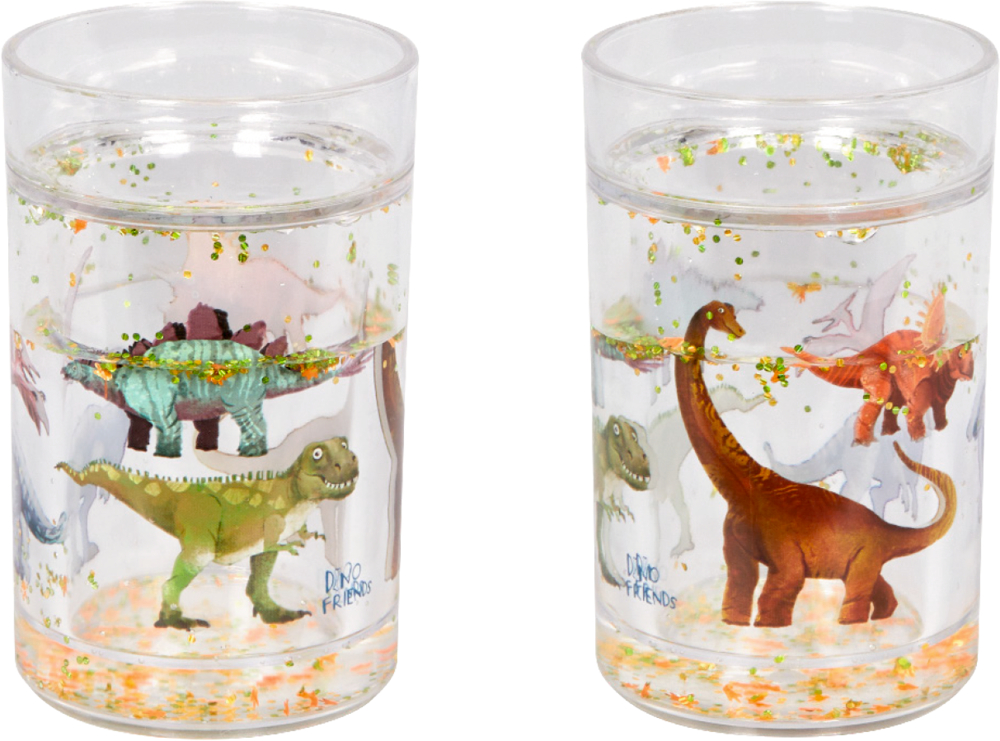 Zwei durchsichtige Becher, jedes mit Spielzeugdinosauriern und Glitzer darin.