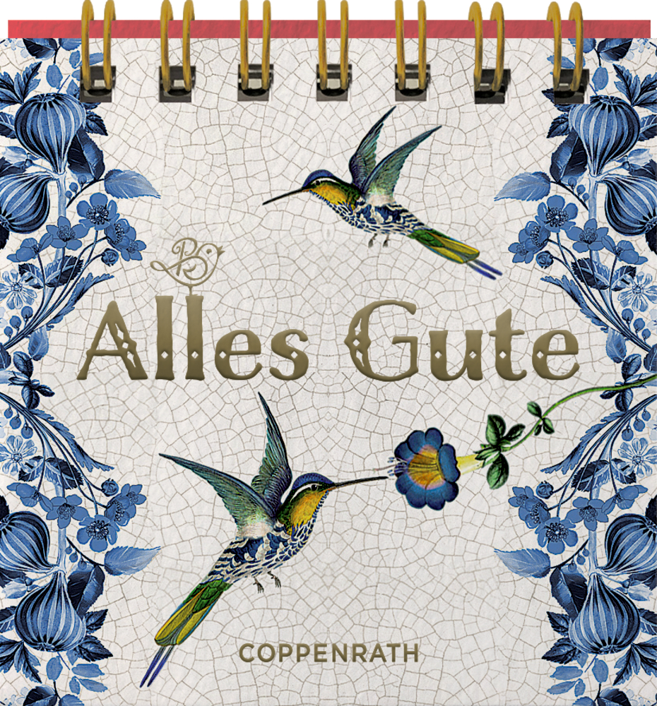 Zwei Kolibris mit blauen Blumen und „Alles Gute“ auf einem dekorativen Spiralaufsteller in der frontal Ansicht.