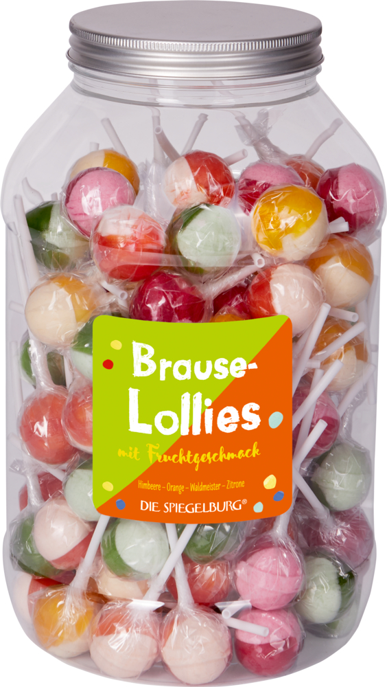 Ein durchsichtiges Glas mit bunten, runden Lutschern mit weißen Stielen und einem grün-orangen Etikett auf der Vorderseite.