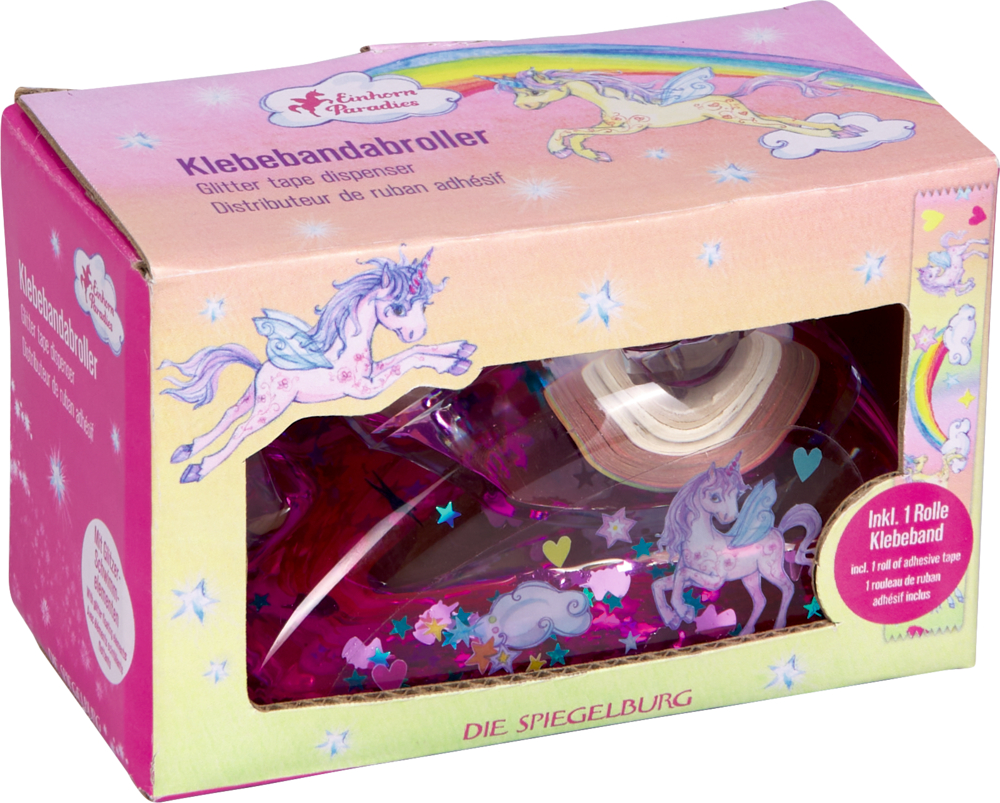 Rosafarbene Verpackung mit durchsichtigem Klebebandabroller mit Einhornmotiv und einer Rolle Klebeband.