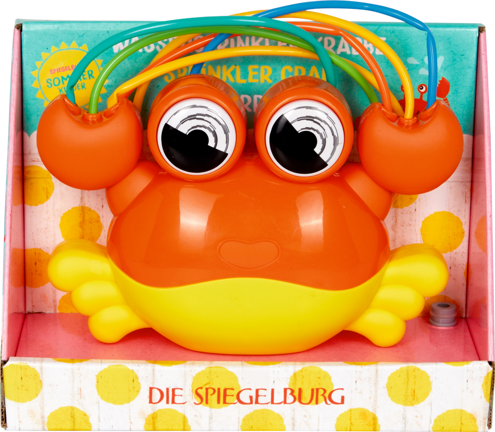 Orange-gelbe Spielzeugkrabbe mit großen Augen und bunten Röhren, präsentiert in einer Pappbox.