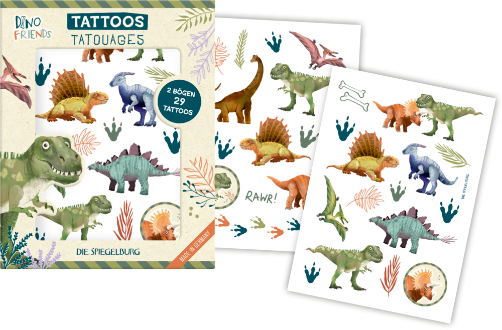 Zwei Bögen mit bunten Dinosaurier-Tattoos, darunter T. Rex, Stegosaurus, Pterosaurier und Fußabdrücke.