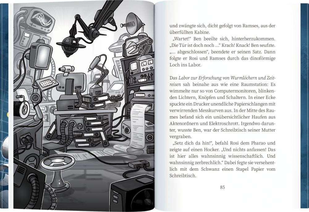 Zeichnung eines Labors mit Monitoren, Messgeräten, Kabeln, Tastaturen, Drucker und gestapeltem technischen Gerät.