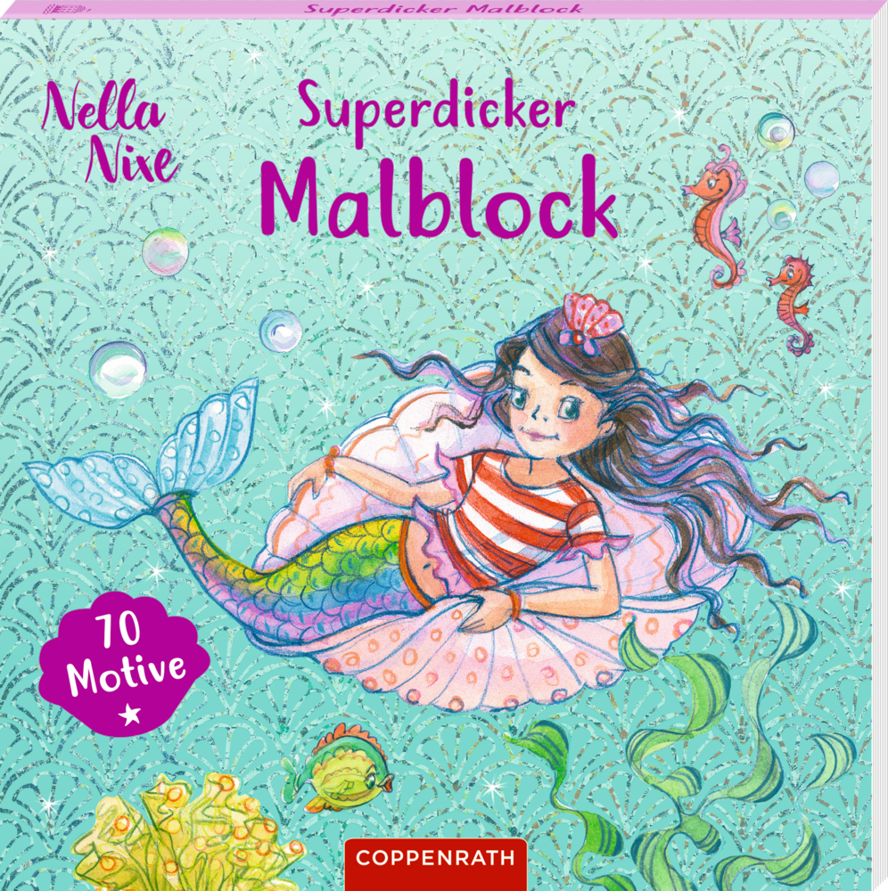 Illustrierte Meerjungfrau schwebt unter Wasser auf einer Muschel mit Meerestieren; Text: Nella Nixe Superdicker Malblock.