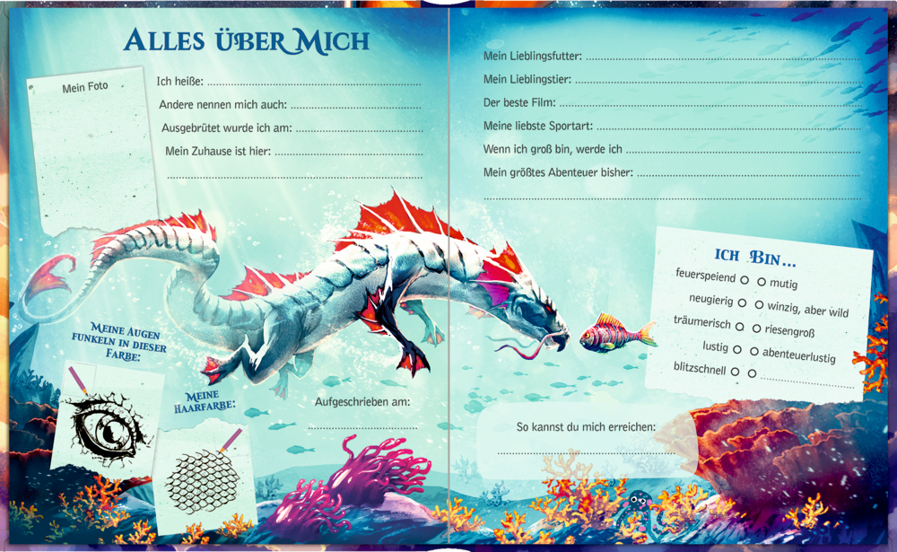 Bunte Seite mit Unterwasserthema, einem Drachen, Meereswesen und Lückentextfeldern.