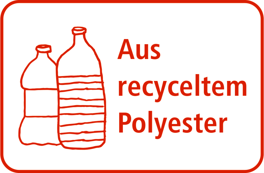 Zwei Plastikflaschen neben deutschem Text: „Aus recyceltem Polyester“.