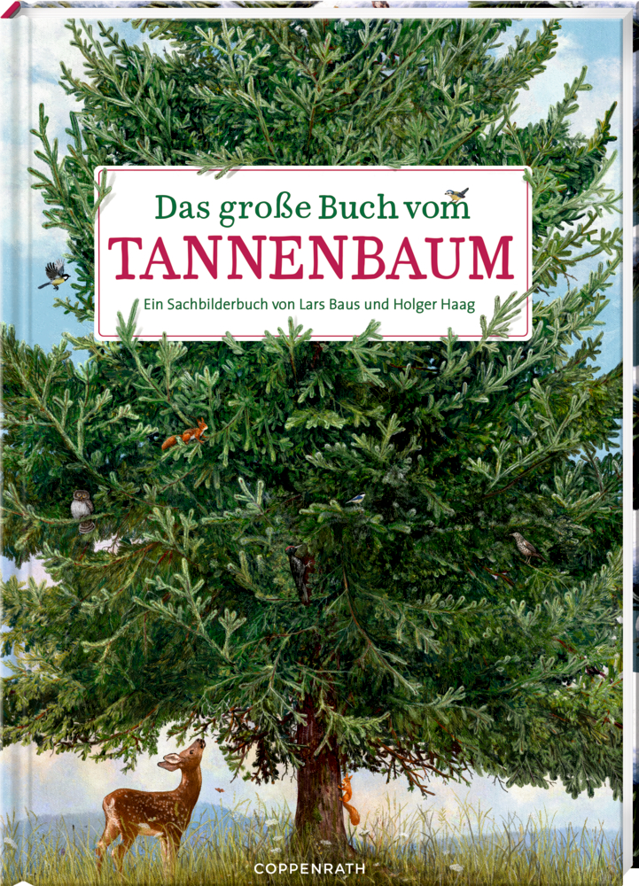 Illustrierter Einband mit einem Tannenbaum mit Hirsch an der Basis und dem Titel „Das große Buch vom TANNENBAUM“.