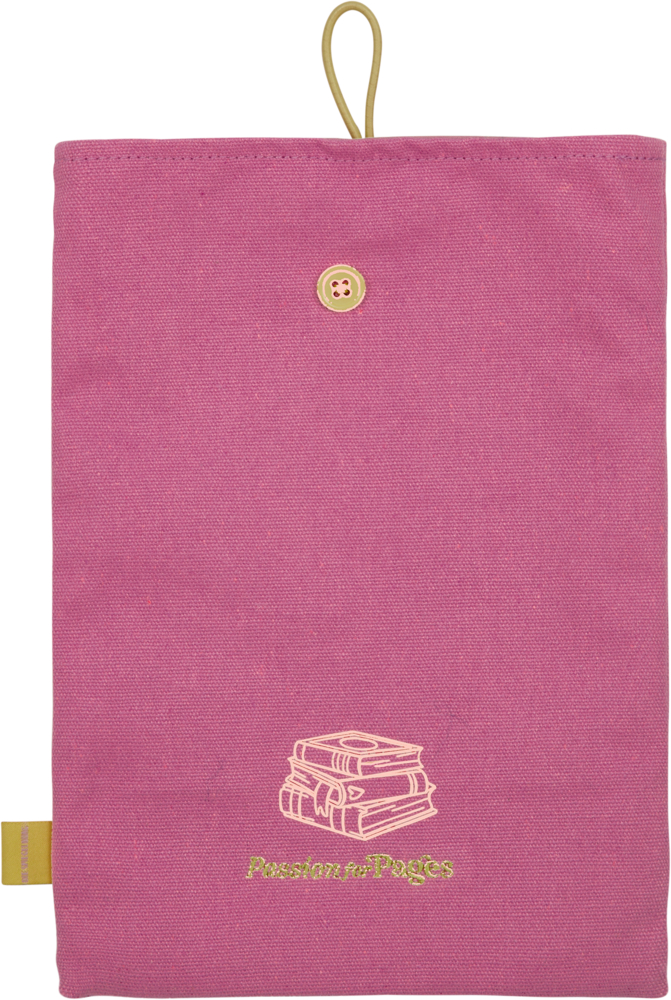 Rosa Buchhülle mit Knopfverschluss, gelber Schlaufe und einer Bücherstapel-Grafik mit Passion for Pages.