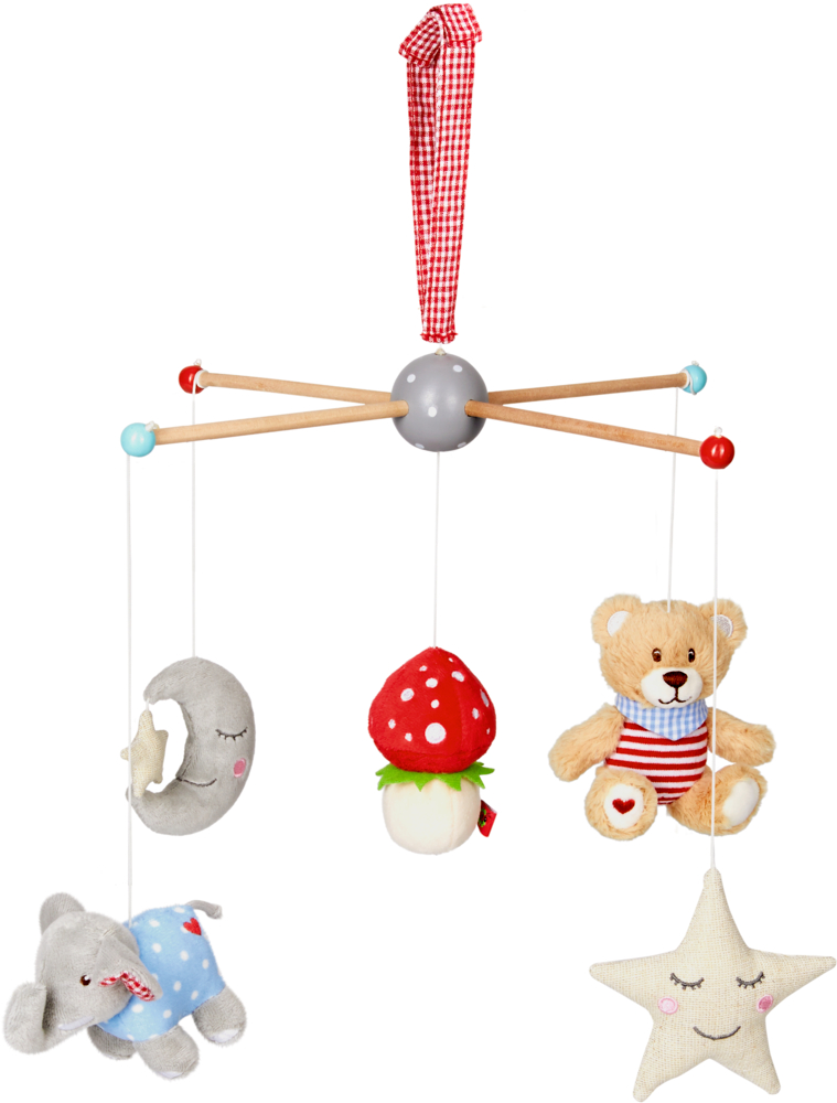 Baby-Mobile mit Plüschmond, Pilz, Teddybär, Elefant und Stern, die an Holzarmen hängen.