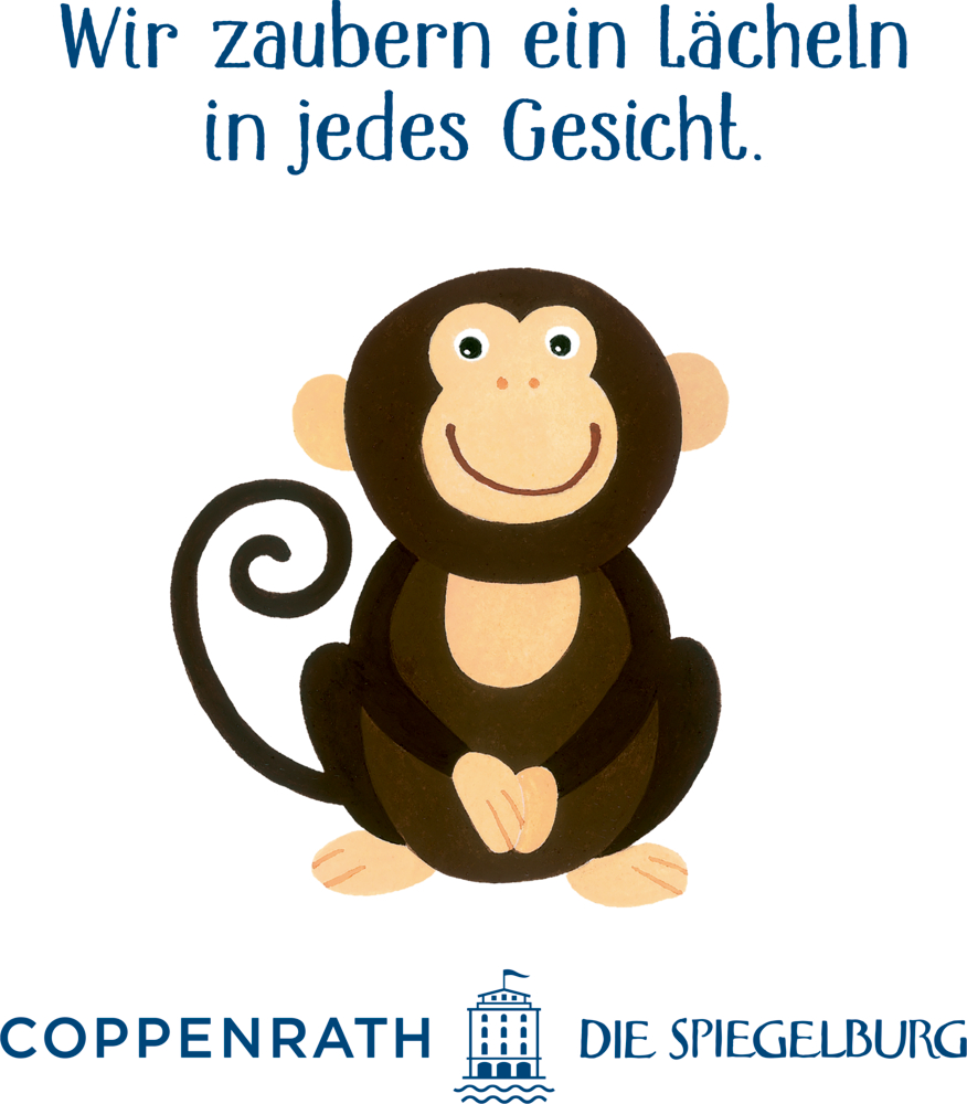 Ein lächelnder Cartoon-Affe, deutscher Text oben, Coppenrath Die Spiegelburg-Logo unten.