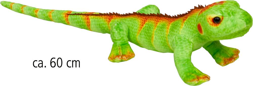 Grünes Stofftier in Form einer Echse mit orangefarbenen Streifen, braunen Augen und Kamm. Längenangabe ca. 60 cm.