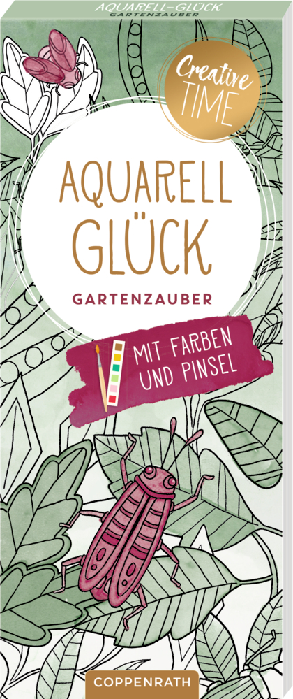 Rosa Insekten, grüne Blätter und der plakative Titel „Aquarell Glück Gartenzauber“ auf dem Cover des Malblocks.