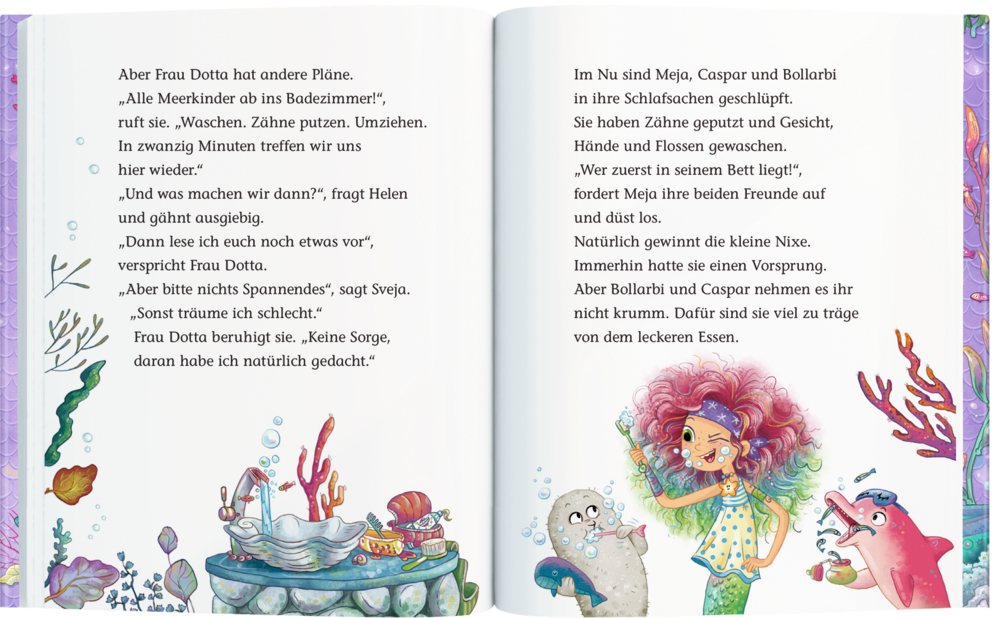 Eine Innenansicht mit  Text zeigt Meerestiere und eine Meerjungfrau mit Locken in einer farbenfrohen Unterwasserszene.
