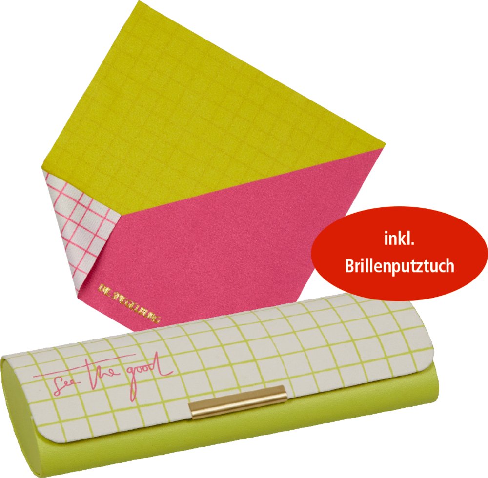 Brillenetui mit grünem und weißem Gittermuster, goldenem Verschluss und Reinigungstuch in leuchtendem Grün und Pink.