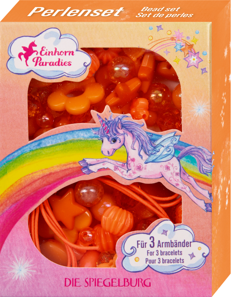 Schachtel mit orangefarbenen Perlen für Armbänder, mit bunten Einhorn- und Regenbogenmotiven auf der Verpackung.