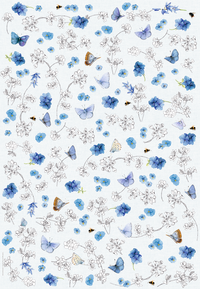 Geschenkpapierbogen: Blaue Blumen, Schmetterlinge und Bienen auf weißem Hintergrund mit zarten Strichzeichnungen verstreut.