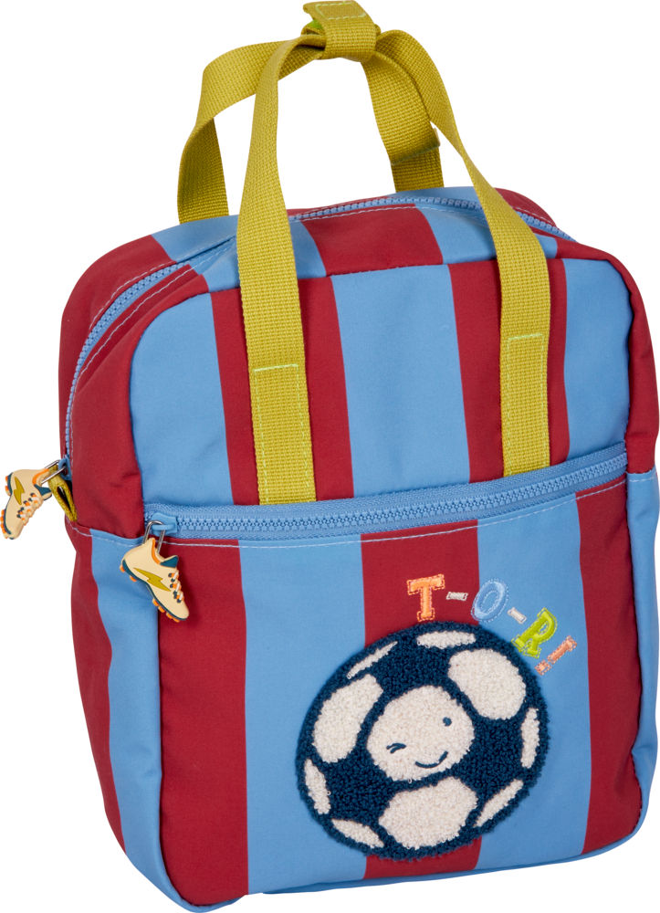 Kinderrucksack mit rot/blauen Streifen, gelben Griffen und einem lächelnden Fußball auf der Vordertasche.