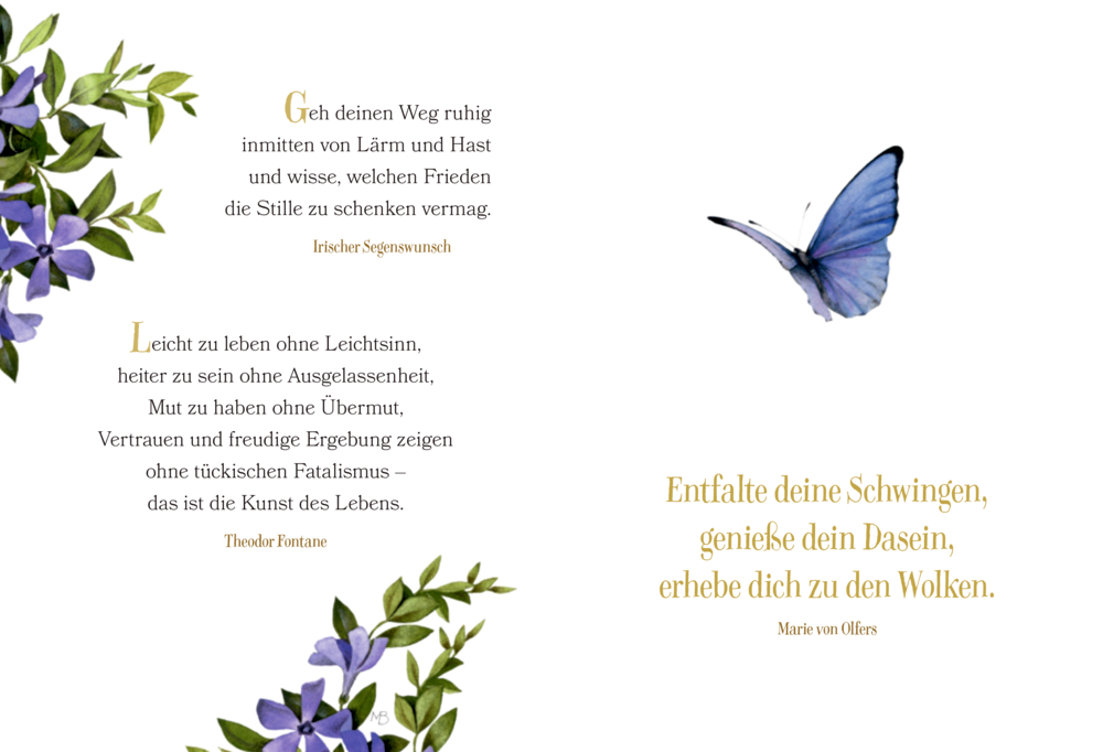 Zitate mit goldener Schrift, blauen Blütenzweigen am Rand und einem blauen Schmetterling auf weißem Hintergrund.