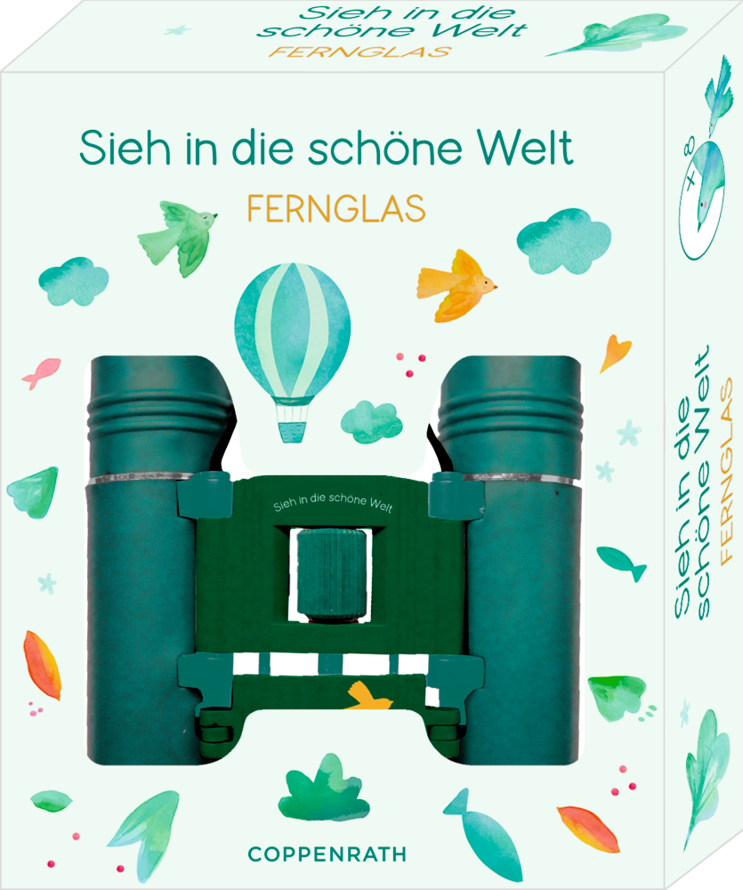 Spielzeugfernglas in bunter Schachtel mit Abbildungen von Heißluftballon und Vogel, Text auf der Verpackung.