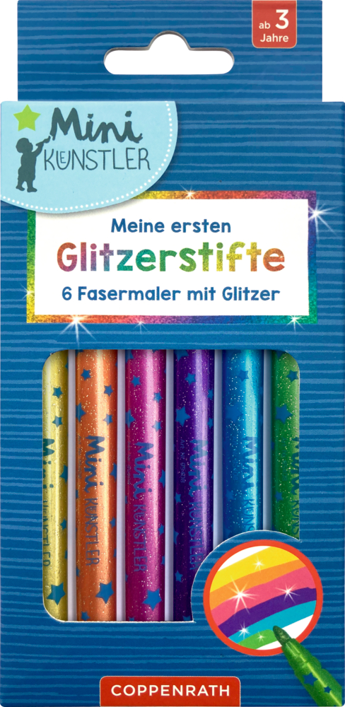 Set mit 6 bunten Glitzerstiften mit der Aufschrift „Meine ersten Glitzerstifte“, geeignet für Kinder ab 3 Jahren.