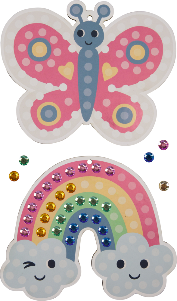 Cartoon Schmetterling und Regenbogen mit Wolken, beide verziert mit bunten, glänzenden Edelstein-Stickern.