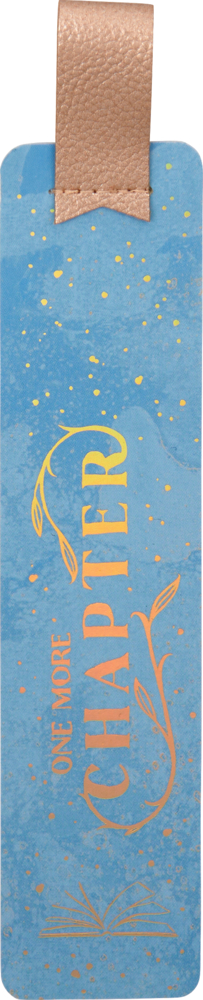 Blaues Lesezeichen mit goldenem „One More Chapter“-Text und einem goldenen Kunstlederband oben.