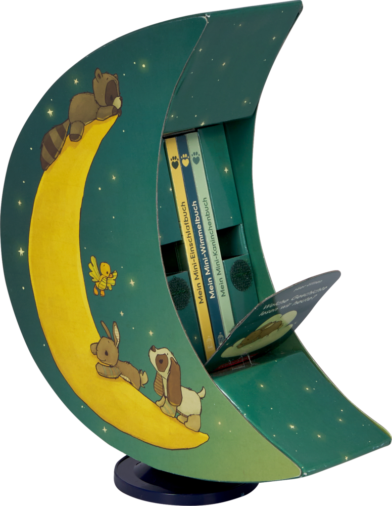 Mondförmige Buchbox mit Tierillustrationen und mehreren Kinderbüchern im Inneren.