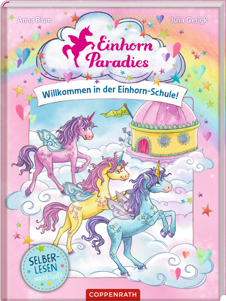 Drei Einhörner auf Wolken neben einem rosa Schloss, Regenbögen und Sternen in einem pastellfarbenen Himmel.