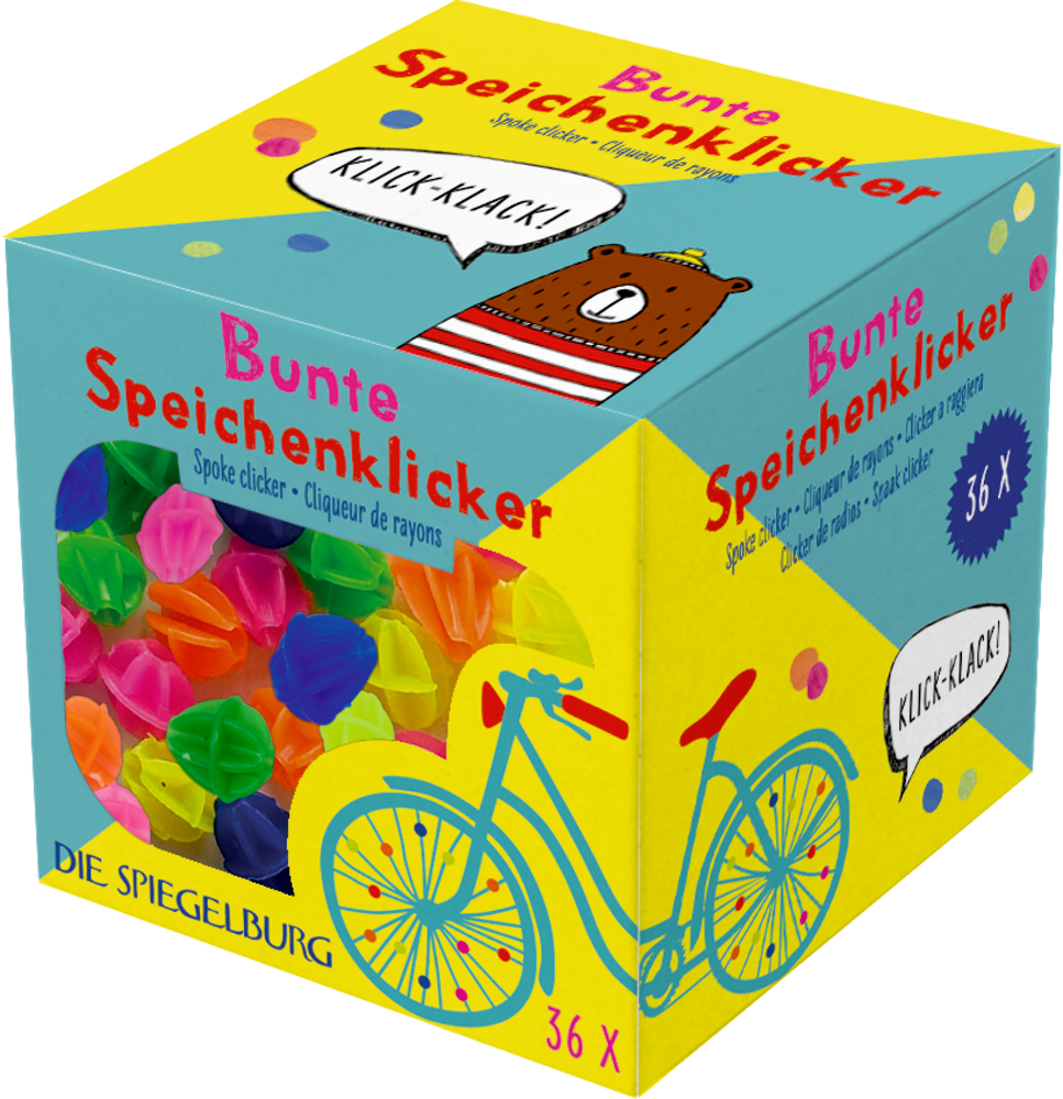 Farbenfrohe Speichenklicker in einer Schachtel mit einer gelben Fahrradillustration auf der Verpackung.