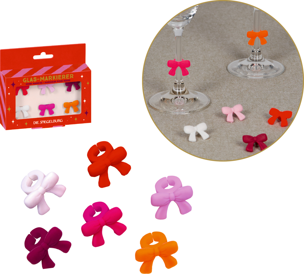 Set aus sechs Schleifen-förmigen Glasmarkierern in Rot, Orange, Pink, Rosa, Lila und Weiß, zwei an Glasstielen befestigt.