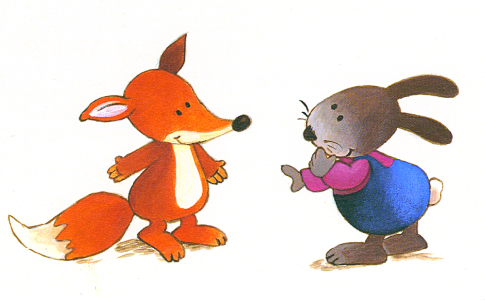 Ein Comic-Fuchs und ein Kaninchen in blauer Kleidung stehen sich gegenüber, als würden sie ein Gespräch führen.
