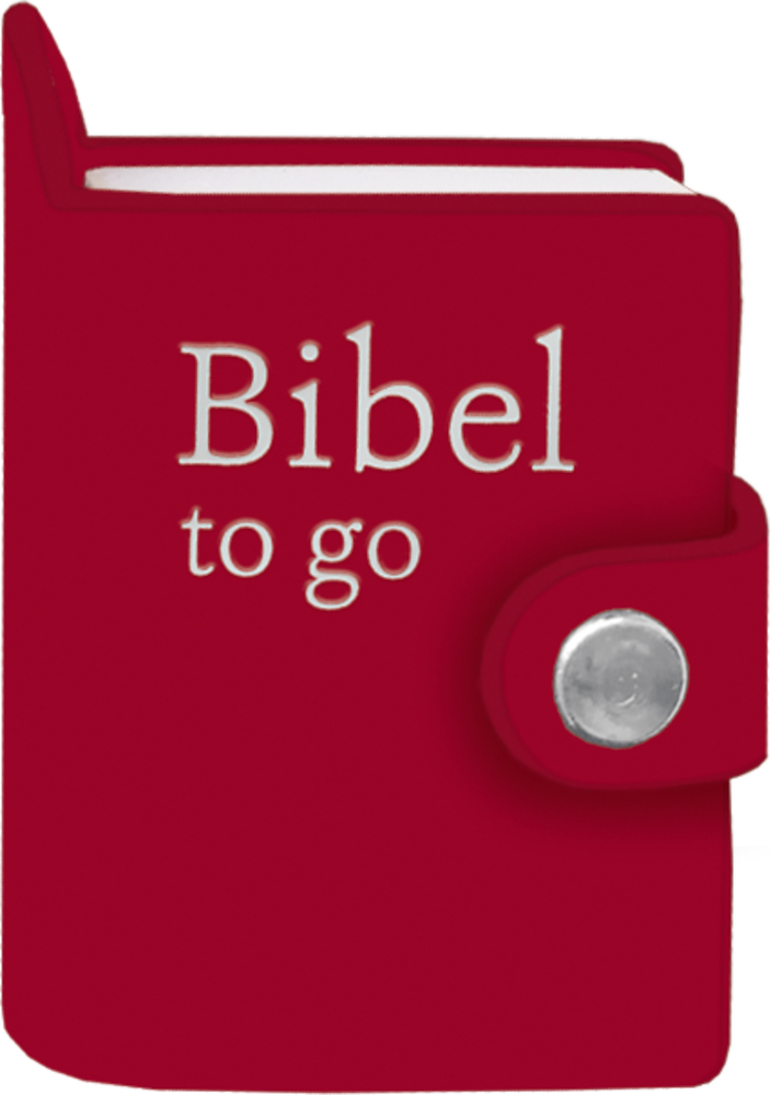 Kleines rotes Buch mit dem Titel „Bibel to go“ mit einem geknöpften Riemen auf der rechten Seite.