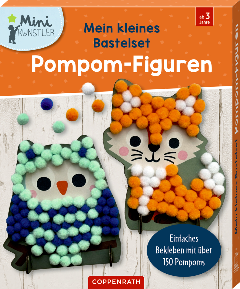 Bastelset mit Eulen- und Fuchsfigur aus Karton, verziert mit bunten Pompoms in Orange, Weiß, Grün und Blau.
