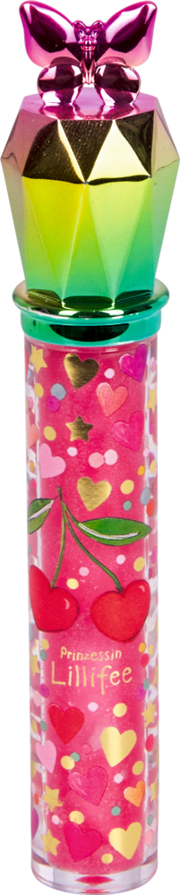 Lipgloss mit pinkem Inhalt, Herz- und Kirschmotiven sowie bunt verlaufender glänzender Deckel mit pinkem Schmetterlaufsatz.