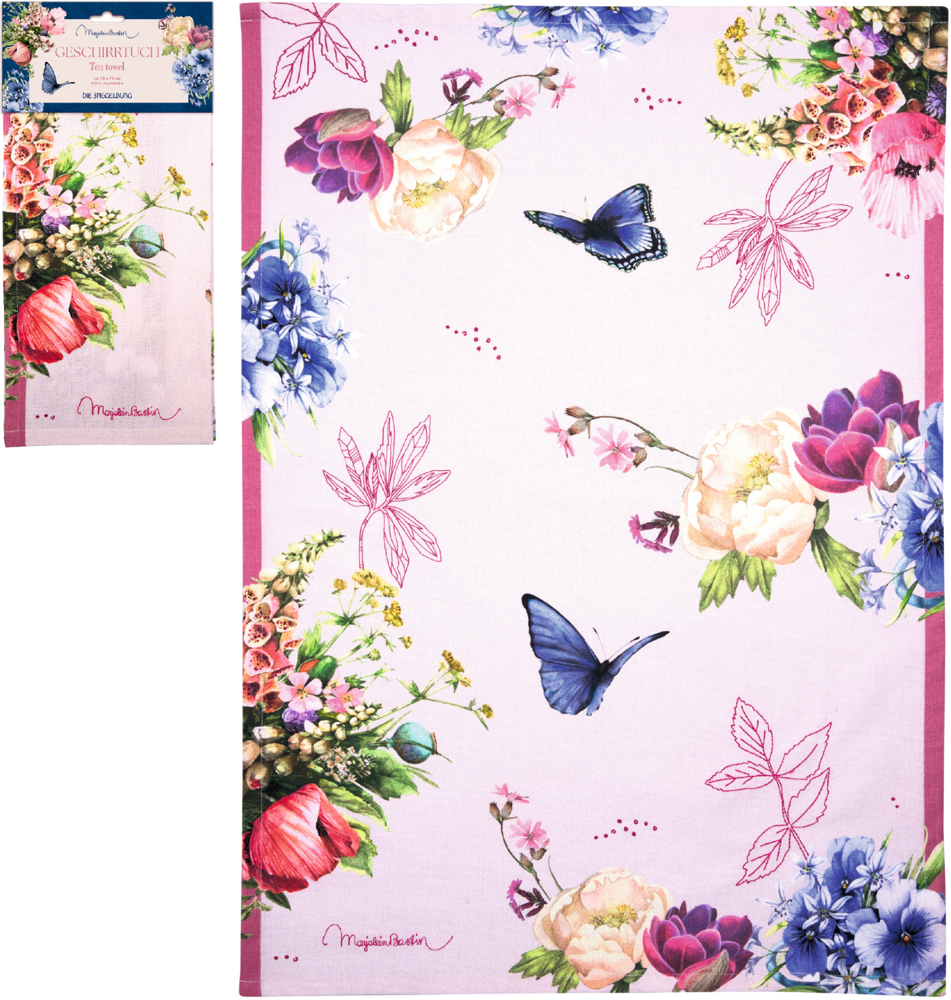 Rosa Geschirrtuch mit bunten Blumen, Blättern und blauen Schmetterlingen, gemustert an den Rändern, daneben Verpackung des Geschirrtuchs.