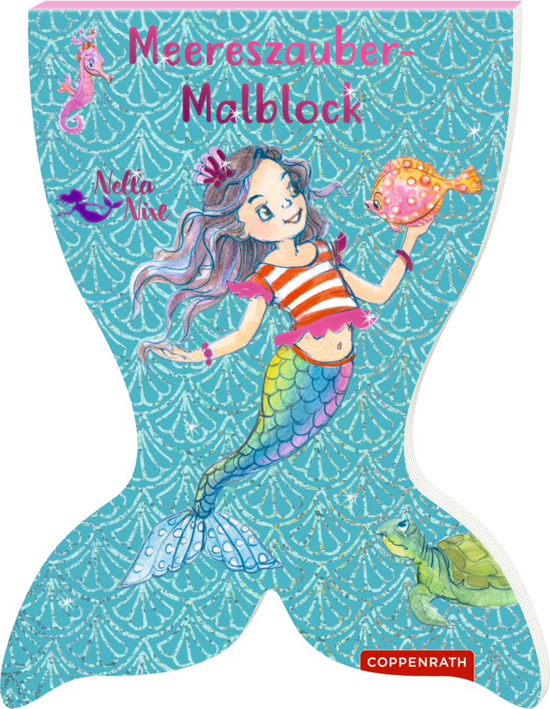 Eine lächelnde Meerjungfrau mit Fisch, Schildkröte und Seepferdchen ziert das blaue Meereszauber-Malblock-Cover.