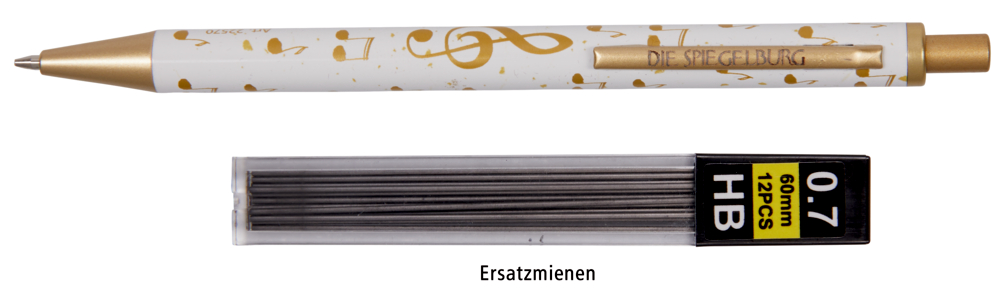 Weiß-goldener Druckbleistift mit HB 0,7 mm Ersatzminen, beschriftet mit „Ersatzminen“.