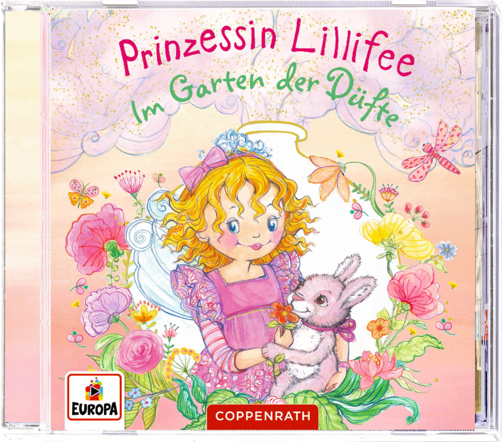 CD-Cover: Prinzessin Lillifee in einem Blumengarten, sie hält ein rosafarbenes Häschen im Arm, umgeben von bunten Blüten.