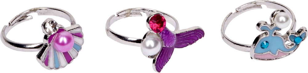 Drei silberne, verstellbare Ringe mit bunten Motiven: Muschel, Meerjungfrauenschwanz und Wal mit Steinen.