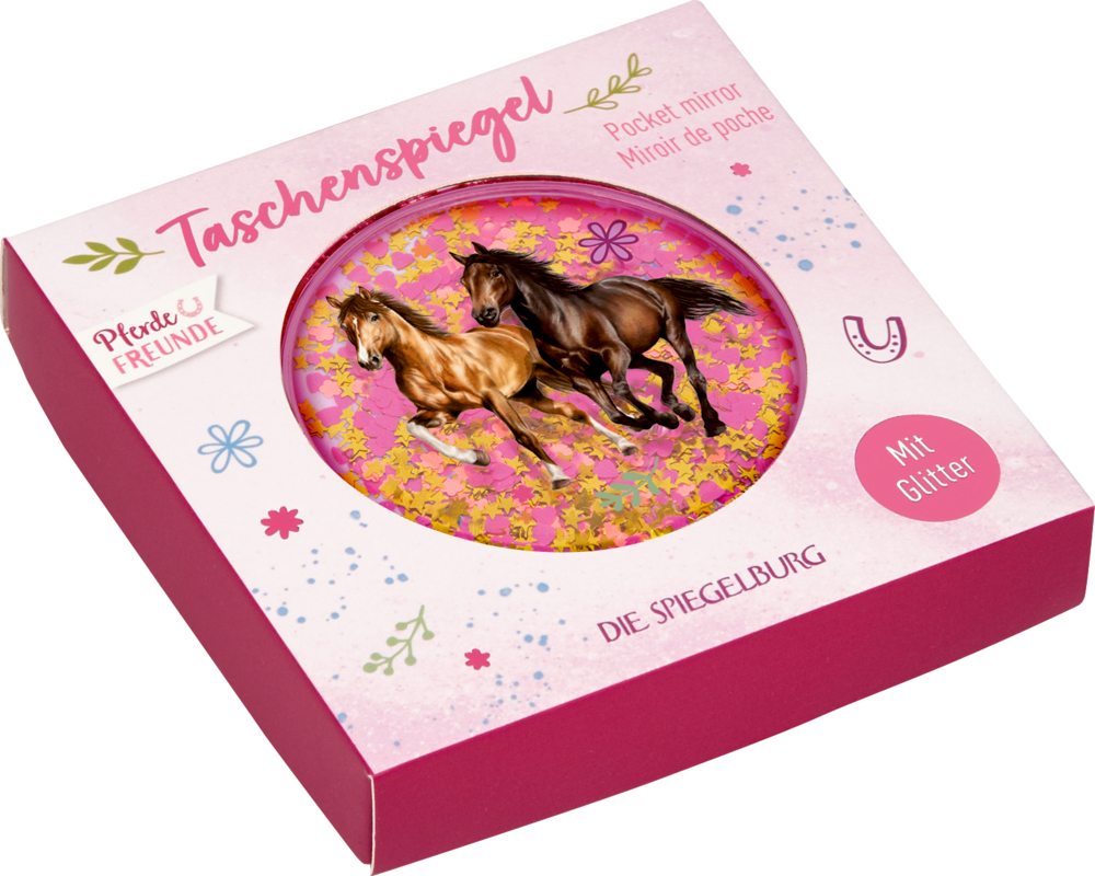 Runder Taschenspiegel mit zwei Pferden im Sichtfenster einer rosa Pappschachtel.
