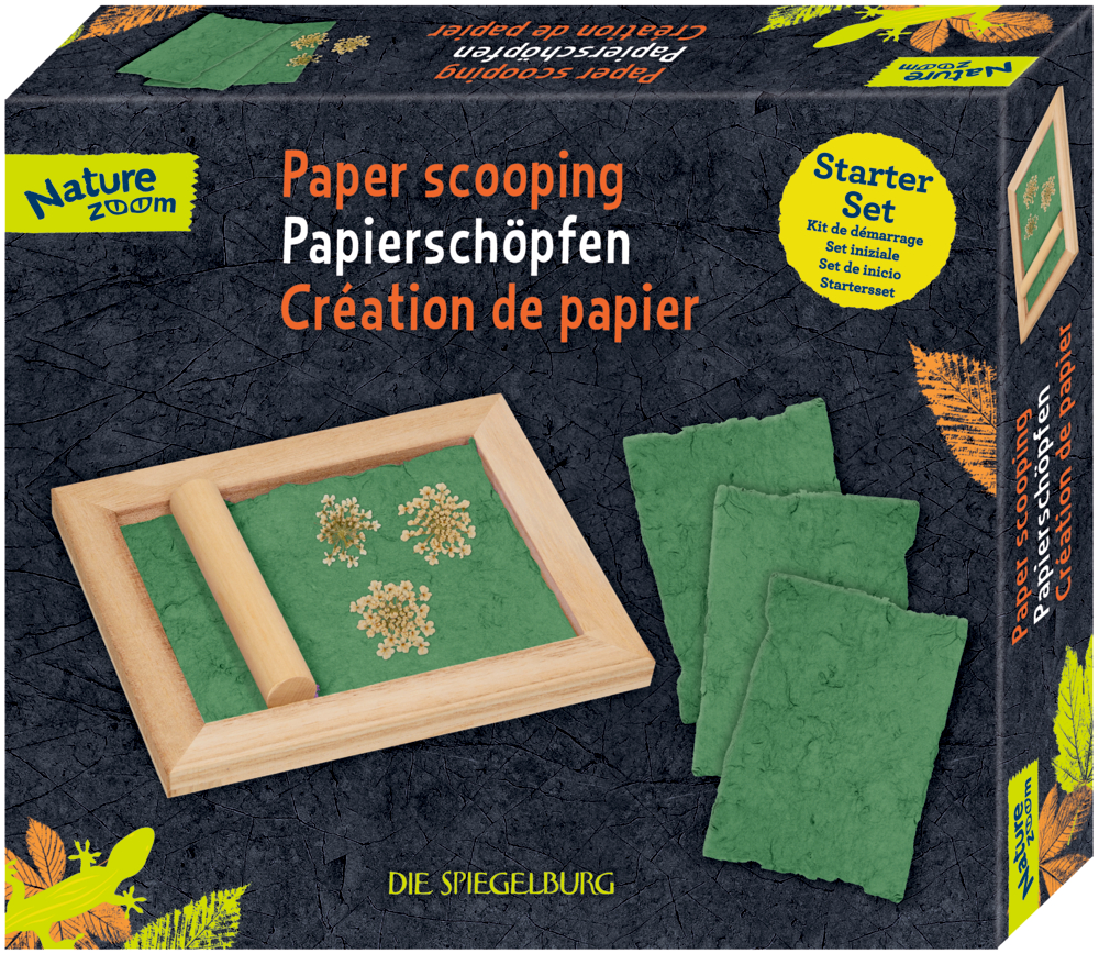 Nature Zoom Papierschöpfen-Starterset mit grünem handgeschöpftem Papier und Holzrahmen in einer Schachtel.