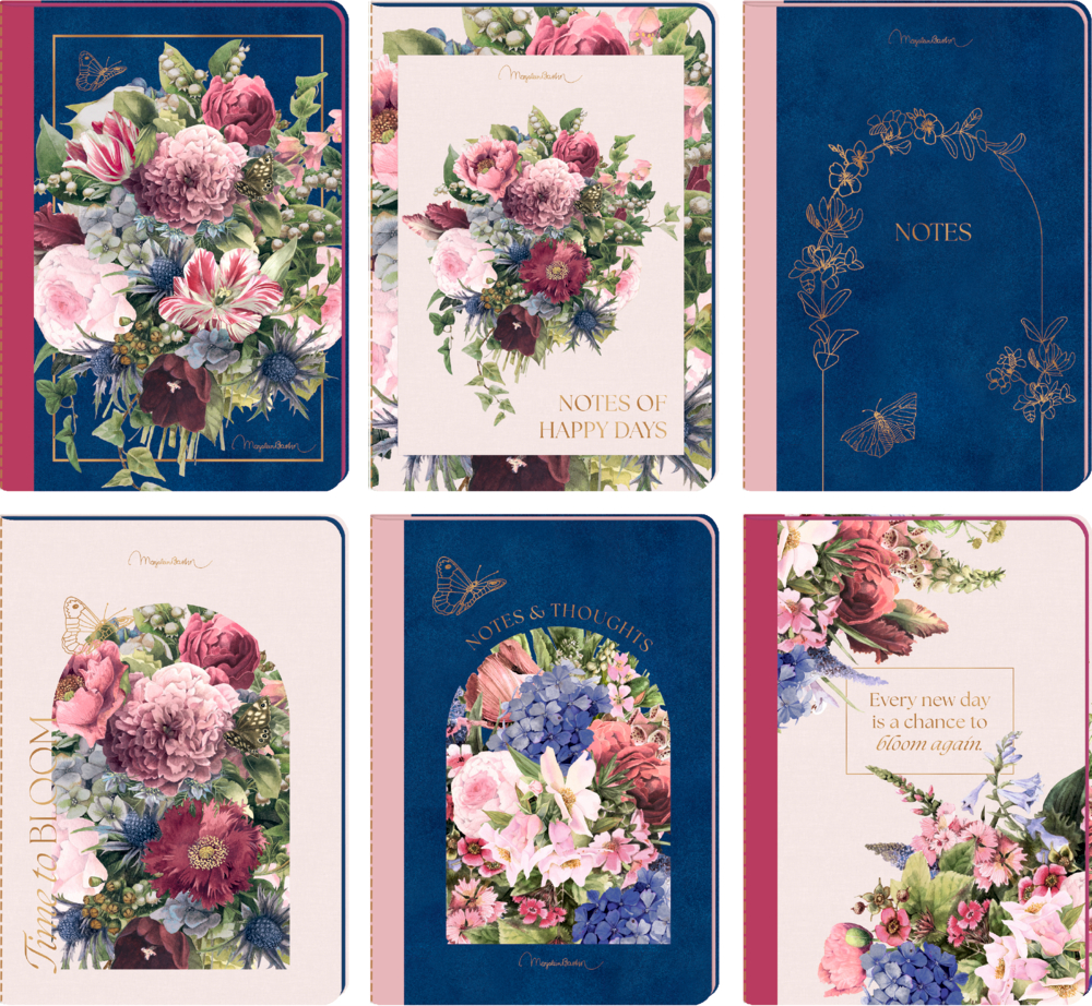 Sechs Notizbücher mit floralen Covern in Blau, Rosa und Creme, teils mit goldenen Schmetterlings- und Blumenillustrationen.