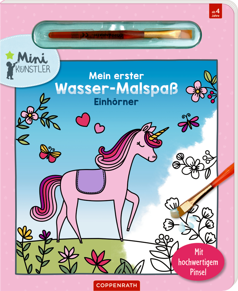 Kinder-Malbuch mit einem pinkfarbenen Einhorn, Blumen und einem Pinsel auf dem Buchcover.