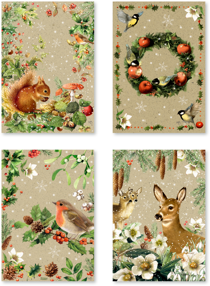 Set aus vier festlichen Karten im Vintage-Stil mit Wintertieren, Kränzen, Beeren und verschneiten Hintergründen.