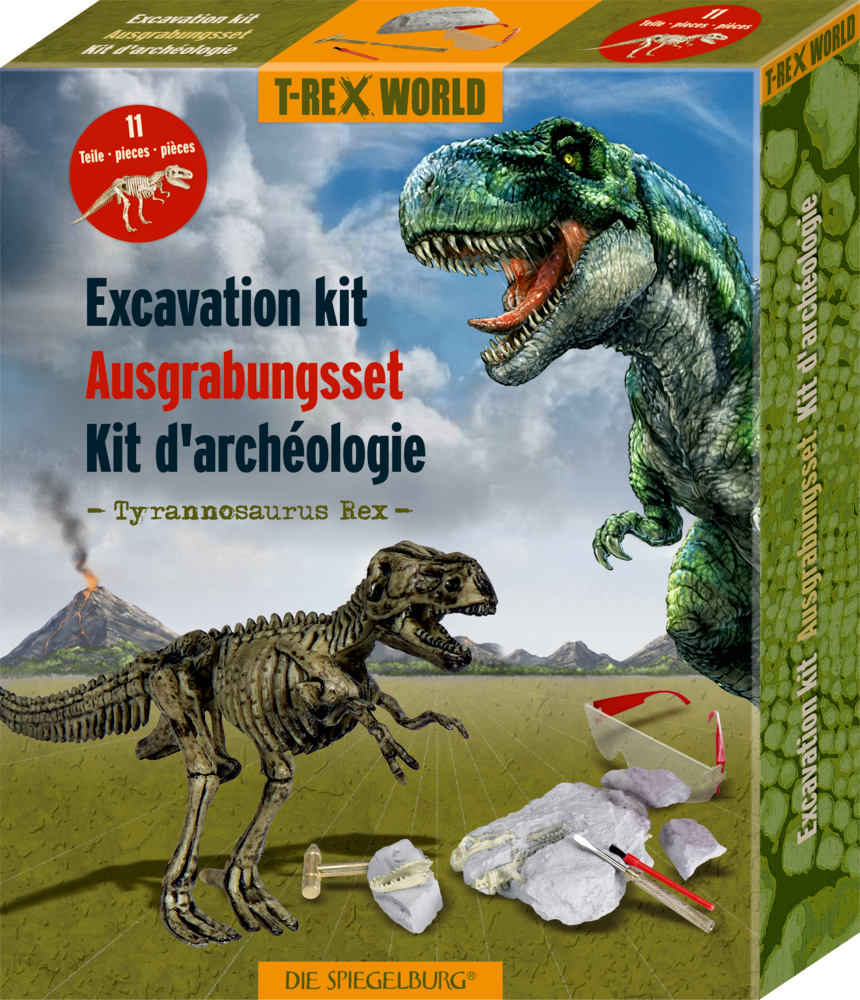 Ausgrabungsset-Box mit T-Rex-Skelett und Grabwerkzeugen, dreisprachig beschriftet.