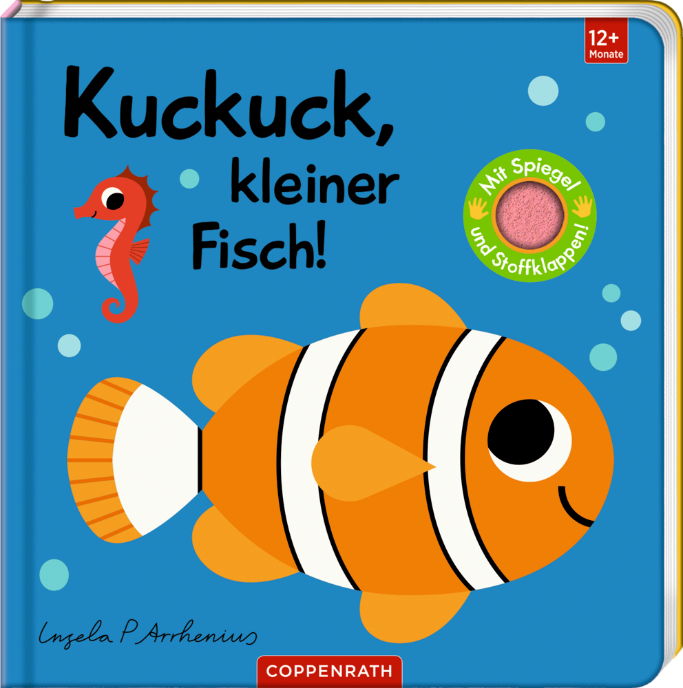 Quadratisches blaues Kinderbuch mit orangem Clownfisch und rotem Seepferdchen.