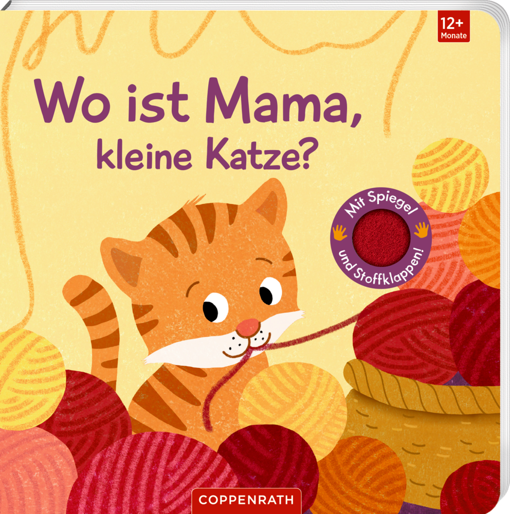 Ein orangefarbenes Kätzchen spielt mit Wollknäueln, auf dem Cover von "Wo ist Mama, kleine Katze?".