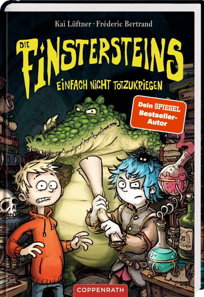 Cover mit zwei Kindern und einem großen Krokodil im dunkeln Keller.