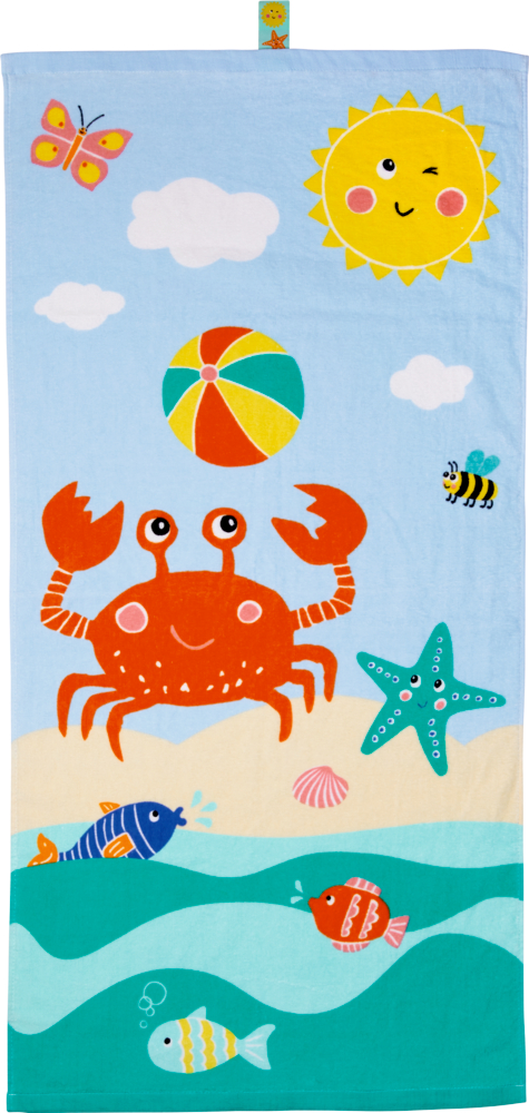 Farbenfrohes Strandtuch mit lächelnder Sonne, roter Krabbe, Wasserball, Fisch, Seestern, Schmetterling und Biene.